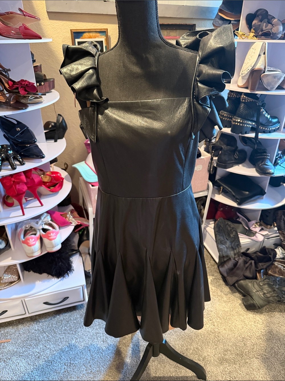 Alice + Olivia Black Faux-Leather Ruffle-Sleeve Midi Dress
